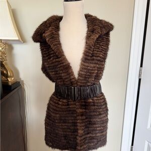 GORSKI Chocolate Striped Fur Mink Vest with Black Belt S